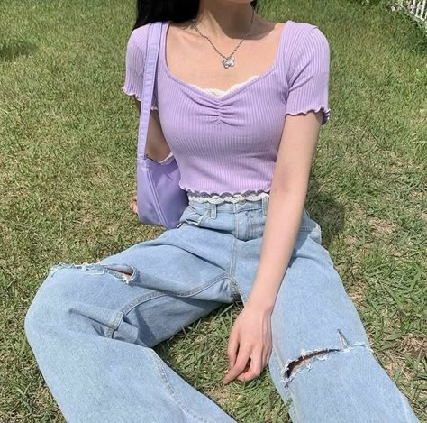 Light Purple Outfit, Soft Girl Outfits, Purple Outfits, Korean Girl Fashion, Crop Top Outfits, Indie Outfits, Kpop Fashion Outfits, Nara, Fashion Mode