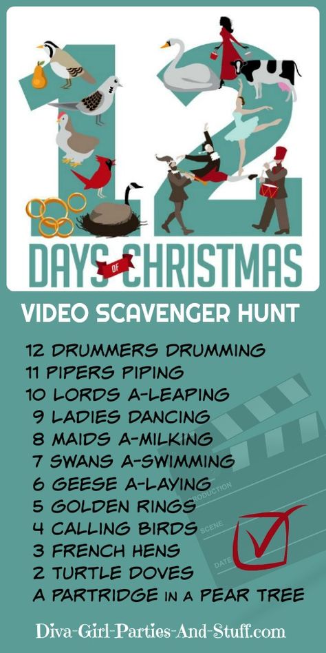 12 Days of Christmas Video Scavenger Hunt Video Scavenger Hunt, Drawer Projects, Christmas Game Ideas, 21st Birthday Checklist, Scavenger Hunt List, Christmas Vignette, Scavenger Hunt Ideas, Craft Cottage, Treasure Hunt Clues