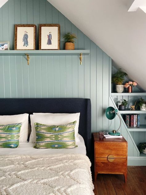 Oval Room Blue, Farrow Ball Wevet, Unique Bedroom Design, Bedroom Panelling, Attic Bedroom Designs, Blue Green Bedrooms, Tongue And Groove Panelling, Green Headboard, Tongue And Groove Walls