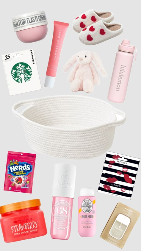 Valentines burr basket idea🩷 Skincare Gift Basket, Girly Christmas Gifts, Boo Baskets, Preppy Gifts, Birthday Basket, Girly Christmas, Cute Gifts For Friends, Birthday Gift Baskets, Cute Birthday Gift