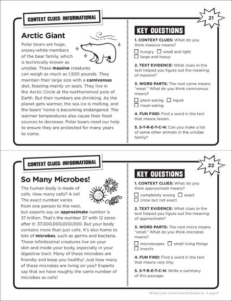 Amazon.com: 100 Task Cards: Context Clues: Reproducible Mini-Passages With Key Questions to Boost Reading Comprehension Skills: 9781338603170: Martin, Justin Mccory, Ghiglieri, Carol: Books English Comprehension, Context Clues Worksheets, Text Evidence, Reading Comprehension Skills, Comprehension Skills, Class Decor, Context Clues, Comprehension Worksheets, Reading Comprehension Worksheets