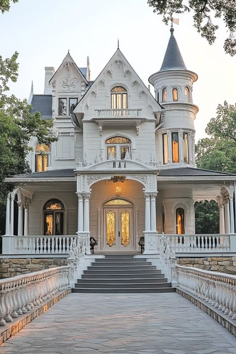 Castle style fairytale house with turrets columns french style decorative white trim porch with steps and railings stone fencing in front. Unveil the magic and whimsy of fairytale houses, where architecture meets the charm of your favorite childhood storybooks. Beautiful Stairs Dream Homes, Storybook Homes Exterior, Tower Exterior Design, Castle Themed House, Small Castle House Design, Old Fashioned House Exterior, Modern Fantasy House, Queen Anne Victorian House Exterior, House Like Castle