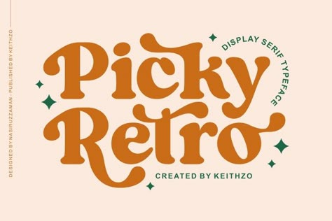 Picky Retro font is a bold and charismatic display serif font that brings a touch of vintage flair to your designs. Its strong and distinctive letterforms evoke a sense of classic elegance while adding a hint of playful nostalgia. Whether you’re designing logos, headlines, or invitations, Picky Retro adds a timeless charm that’s sure to […] Get your free download of the Picky Retro Font now at FreeFontDL - Free Font Download! Tattoo Generator, Fonts Retro, Logos Retro, Fonts Ideas, Business Fonts, Retro Quotes, Logos Vintage, Groovy Font, Wallpaper Retro