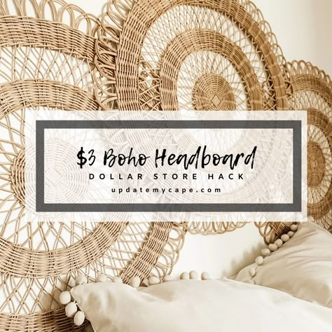 Plant Headboard Ideas, Wall Basket Headboard, Boho Bedroom Above Bed Decor, Artwork As Headboard, Above Bed Boho Decor, Boho Headboard Ideas Diy, Headboard Decor Above The Bed, Wicker Headboard Bedroom, Boho Headboard Ideas