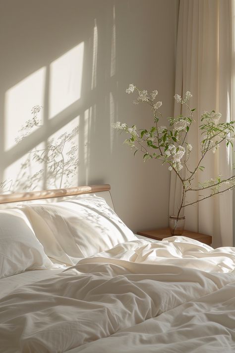 16 Minimalist Bedroom Clean Room Aesthetics, Cleaned Room Aesthetic, Clean Soft Aesthetic, Peaceful Room Decor, Clean Bed Aesthetic, White Clean Bedroom, Clean Space Aesthetic, Serene Branding, Soft White Bedroom