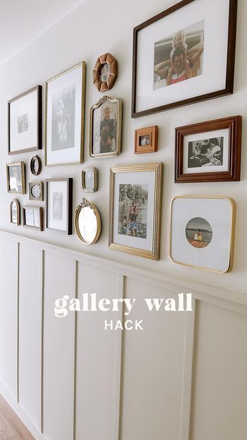 Yeah Baby Goods on Instagram: "Anyone else have a husband who groans every time you mention a gallery wall? 🙋‍♀️ Brent came up with this brilliant hack that makes it soooo much easier! I made sure to document each step when we did the family wall at @theathensaframe. The hardest part will be picking which pictures to use!  #gallerywall #gallerywallinspo #gallerywalldecor #entryway #homedesign #homestyle #picturewall #homeimprovement #homeprojects #airbnb #cabindecor #aframe #momanddad #husbandandwife #husbandandwifeteam #familyphotos #lifehack" Large Frame Gallery Wall Living Room, Art Gallery Foyer Entryway, Family Photo Wall Entryway, Pictures On Small Wall, Gallery Hallway Wall, End Of A Hallway Decor, Hanging Wedding Pictures In House, Family Photos Home Decor, Gallery Wall Above Wainscoting