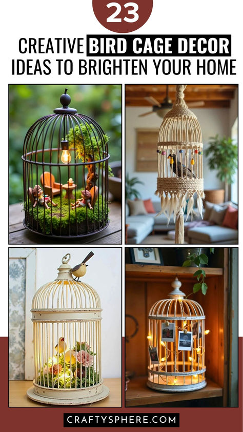 Collage of 4 creative bird cage decor ideas, including fairy garden setups, macramé hangings, floral displays, and lighted centerpieces, perfect for unique home decor inspiration. Bird Cage Terrarium, How To Decorate An Old Birdcage, Birdcage Planter Indoor, Birdcage Repurpose Ideas, Plants In Birdcage Ideas, Repurpose Bird Cage, How To Decorate A Birdcage, Vintage Bird Cage Decor Ideas, Large Bird Cage Decor Ideas