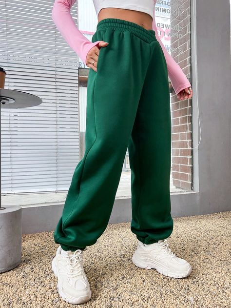 Dark Green  Collar  Fabric Plain Jogger Embellished Slight Stretch  Women Clothing Women Sweatpants, Pocket Sweatpants, Collared Greens, Womens Sweatpants, Women Clothing, Dark Green, Elastic Waist, Sweatpants, Elastic