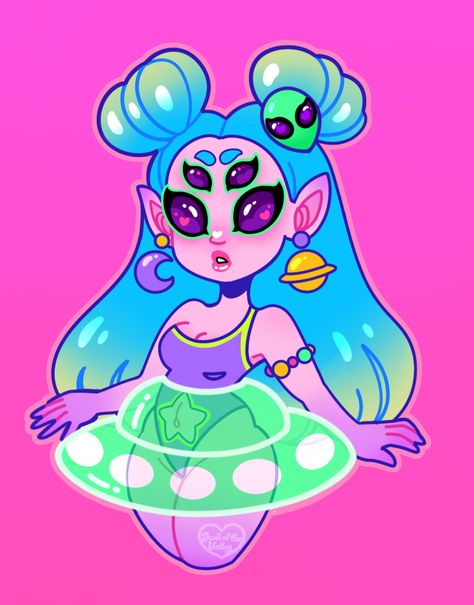 Alien Character Design Cute, Alien Pfp Aesthetic, Alien Cute Drawing, Alien Girl Drawing, Cute Alien Oc, Alien Pinup, Cute Alien Drawing, Alien Girl Art, Alien Oc Art