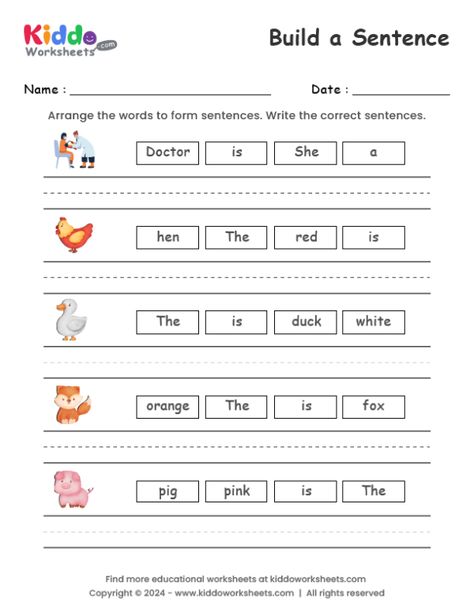 Free Printable Build a Sentence Worksheet - kiddoworksheets Re Arrange The Sentences Worksheet, Sentence Worksheet Grade 1, Building Sentences Activities, Build A Sentence Free Printable, Make Sentences Worksheet, Make A Sentence Worksheet, Build A Sentence Worksheet, Word Building Worksheets, Building Sentences Worksheets