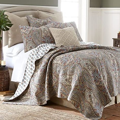 Amazon.com: Levtex Home - Pisa Quilt Set - King Quilt + Two King Pillow Shams - Floral Contemporary Peacock - Grey and Taupe - Quilt Size (106x92in.) and Pillow Sham Size (36x20in.) - Reversible - Cotton : Home & Kitchen Tan Home Decor, Tan Bedding, Western Comforter Sets, Paisley Bedding, Cool Bedding, Bedroom Remodeling, Western Bedroom Decor, Paisley Quilt, Bath Bedroom