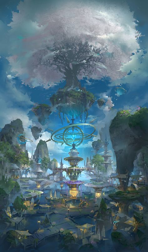 ArtStation - 树, 3 LY Elf World Fantasy Art, Floating Island In Space, Magic City Fantasy Art, Fire World Fantasy Art, Space World Art, Magical City Art, Nature City Fantasy Art, Minecraft Beautiful Builds, Anime World Wallpaper