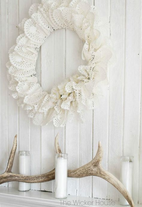 The Doily Wreath, Lace Wreath, Paper Doily Crafts, Heart Doily, Doily Crafts, Wicker House, Shabby Chic Nursery, Doilies Crafts, Easy Diy Wreaths