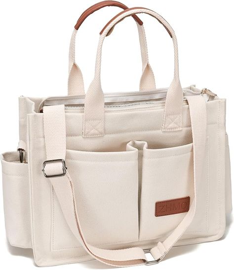 Amazon.com | ZHMO Large Top Handles Canvas Tote Bag for Women With Zipper Pockets,White Laptop Crossbody Purses Everyday Satchel Shoulder Hobo Work Bag Handbags for Gift Teacher Beach Travel Gym Book Weekend Nurse | Travel Totes Laptop Tote Bag Woman, Nurse Travel, Tote Bags For College, Stylish School Bags, Beach Gym, Tote Bag With Pockets, Tote Bags For School, Teacher Bags, Laptop Tote Bag