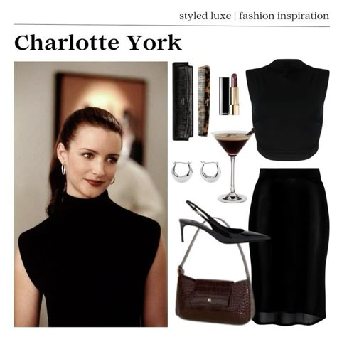 Satc Outfits Charlotte, Charlotte Satc Style, Charlotte Satc Aesthetic, Charlotte York Work Outfits, Charlotte York Black Dress, As Seen On Tv Outfits, Charlotte York Outfits Inspiration, Satc Outfit Inspiration, Charlotte York Style Outfits