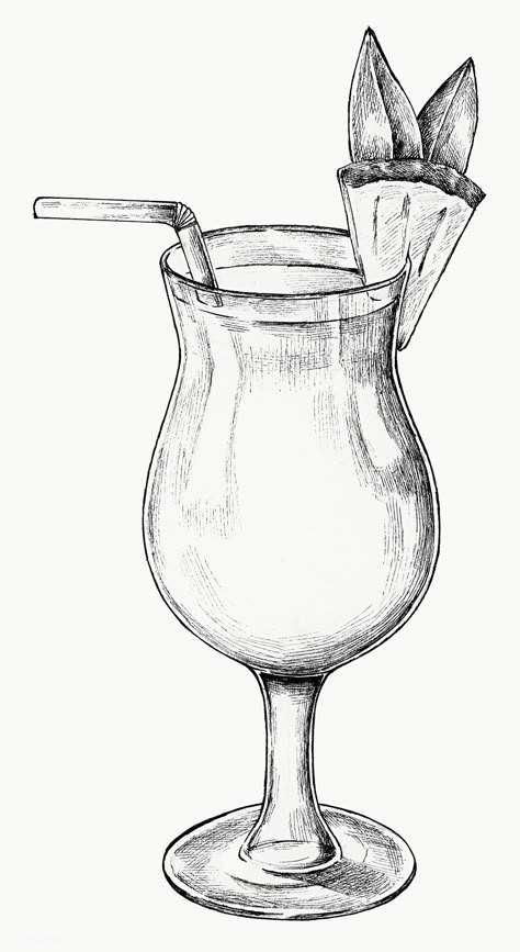 Wine Glass Drawing, Glass Drawing, Pineapple Cocktail, Cocktail Illustration, Food Sketch, Pen Art Drawings, Seni Dan Kraf, Object Drawing, Art Drawings Sketches Pencil