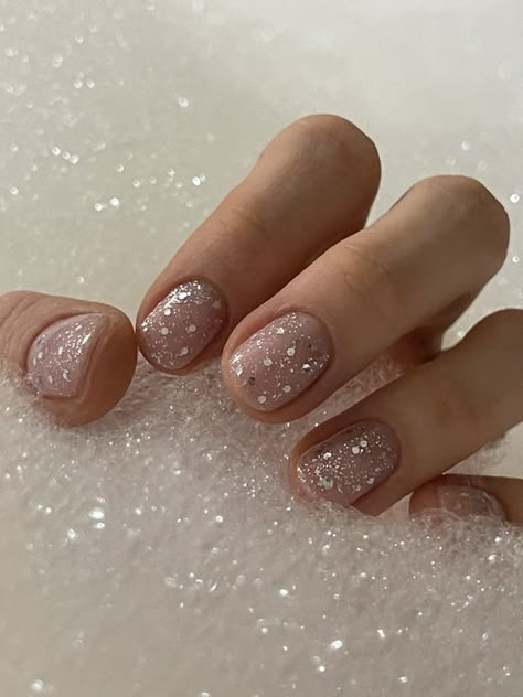 15 Short Winter Nail Ideas for 2023-2024 - thepinkgoose.com New Year Nails Short Simple, Short Glitter Nails Sparkle, Glitter At Base Of Nail, Glitter Wedding Nails Short, Short Sparkly Nails Acrylic, Small Nails Glitter, Short Nails Ideas Shellac, Very Short Nails Winter, Festive Gel Nails Short