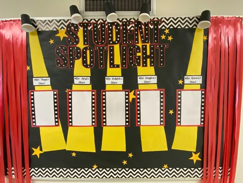 Performing Arts Bulletin Board Ideas, In The Spotlight Bulletin Board, Awards Bulletin Board Ideas, Star Students Bulletin Board, Student Picture Bulletin Board, Cinema Bulletin Board, Spotlight Student Bulletin Boards, Spot Light Bulletin Board, Student Spotlight Ideas