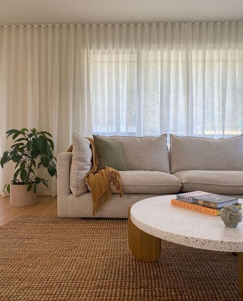 Neutral colour palette with linen sheer curtains and beige couch Long Curtains Living Room, Sheer Curtains Bedroom, Sheers Curtains Living Room, Glass Door Curtains, Sliding Glass Door Curtains, Floor To Ceiling Curtains, Apartment Curtains, Curtains Living Room Modern, Blinds And Curtains