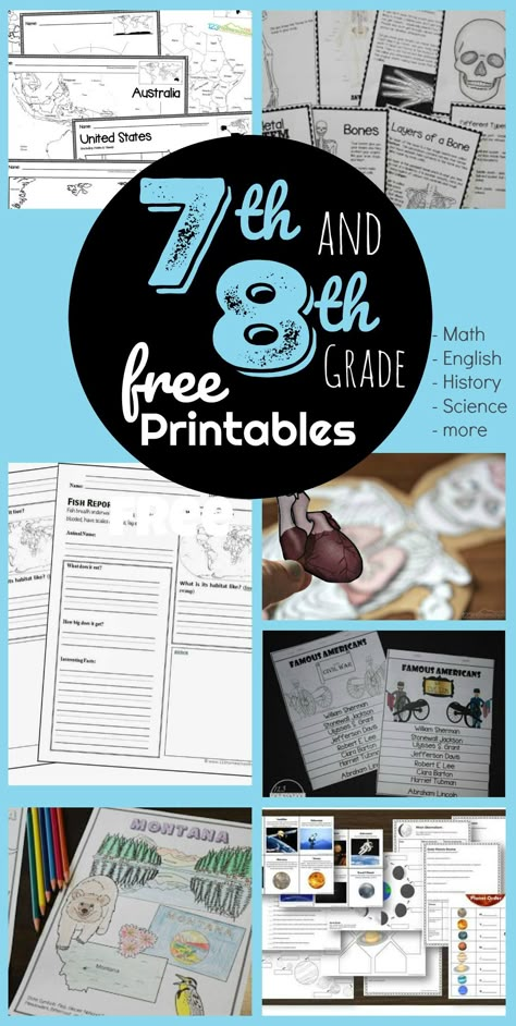 FREE 7th Grade and 8th Grade worksheets for jr high students to practice math, grammar, reading comprehension, geography, history, science, music, and more! #grade7 #grade8 #homeschool High School Worksheets, Homeschool 7th Grade, 8th Grade Worksheets, Free Science Printables, 7th Grade Homeschool, 8th Grade Math Worksheets, 7th Grade Social Studies, Science Printables, Homeschool Middle School