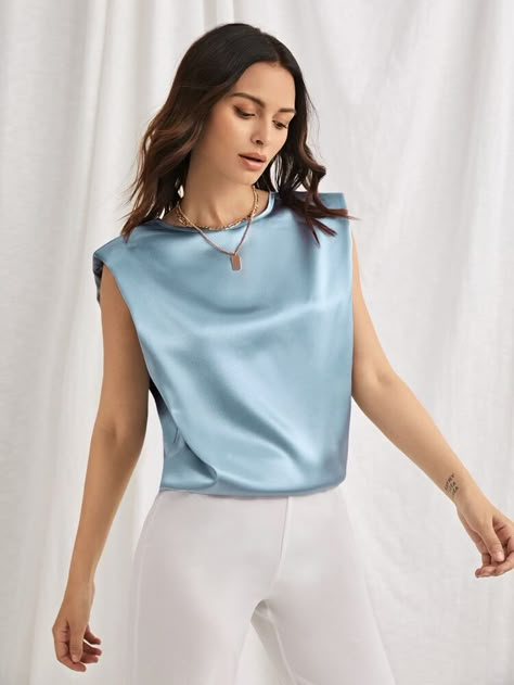 Satin Top Sleeveless, Collared Satin Top For Parties, Sleek Collared Satin Tops, Satin Top Pattern, Elegant Satin Tops With Sheen, Chic Draped Satin Top, Silk Top Outfit, Satin Top Outfit, Night Set