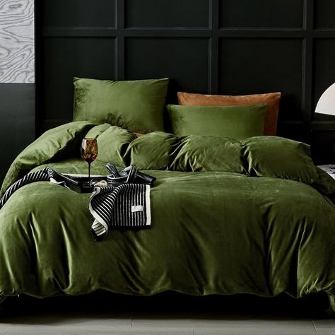 Amazon.com: WARMDERN Olive Green Velvet Duvet Cover Queen Size Flannel Duvet Cover Bedding Sets, 3pcs Ultra Soft Luxury Textured Modern Crystal Velvet Duvet Covers with Zipper Closure(Olive Green, Queen) : Home & Kitchen Olive Green Duvet Cover, Brown And Green Bedroom Ideas, Olive Green And Pink Bedroom, Green Comforter Bedroom, Olive Green Duvet, Green Upholstered Bed, Comforters And Bedding, Queen Duvet Cover Sets, Velvet Duvet Cover