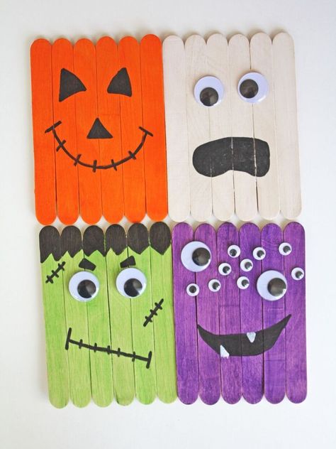 Popsicle Sticks Halloween Crafts, Toddlers Crafts, Popsicle Stick Crafts For Kids, Dekorasi Halloween, Halloween Crafts Preschool, Halloween Crafts For Toddlers, Creeper Minecraft, October Crafts, Popsicle Crafts