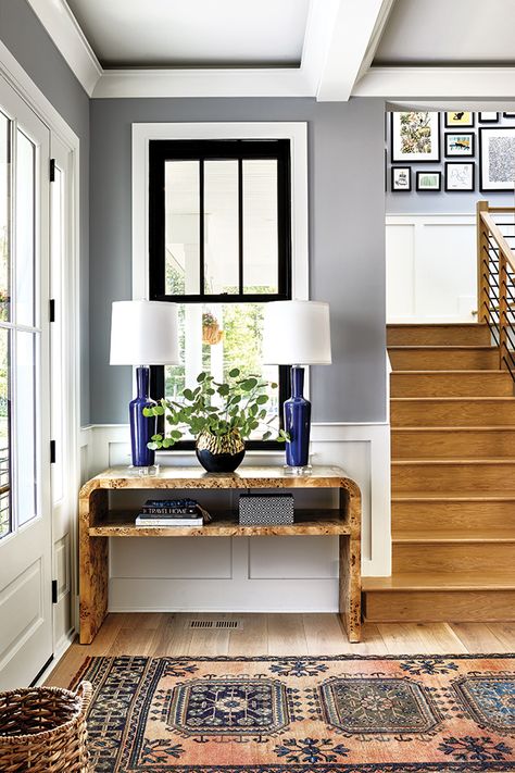 Entryway Grey Walls, Entryway Ideas Window, Foyer With Windows Entryway, Entryway With Window, Foyer With Window, White Wainscotting, Craftsman Entryway, Minneapolis Miracle, Grey Entryway