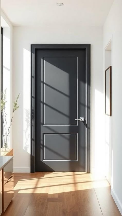 10 Trending Interior Door Colors for Modern Homes Trending Door Design, Interior Black Painted Doors, Gray Inside Doors, Light Floors Black Doors, Non White Doors And Trim, Grey Wall Black Door, Darker Doors And Trim, White Walls And Black Doors, Neutral Walls Black Doors