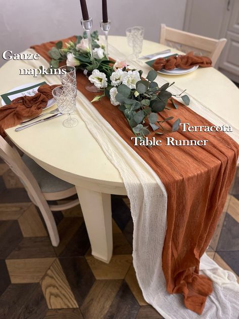 Rust Gauze Table Runner Wedding, Double Table Runners Wedding, Wedding Tables With Cheese Cloth, Wedding Reception Decorations Round Table, Cheese Clothes Table Runners, Boho Catering Set Up, Rust Wedding Decor Centerpieces, Fall Bridal Table Ideas, Bridal Shower Serving Table