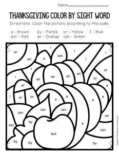 Color by Sight Word Thanksgiving Kindergarten Worksheets Cornucopia November Worksheets, Fall Preschool Worksheets, Thanksgiving Board, Thanksgiving Activities For Kindergarten, Seasons Preschool, Fall Coloring Sheets, Fall Worksheets, Preschool Names, Sight Word Coloring