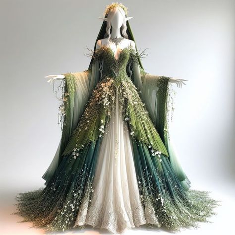 Elven Queen Dress, Fantasy Elf Dress, Fantasy Dress Elf, Nature Themed Outfits, Green Fantasy Outfit, Green Fantasy Gown, Book Character Cosplay, Dream Dress Fantasy, Fantasy Inspired Outfits