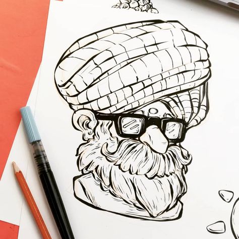 Doodle Monster, Ink Techniques, Portrait Cartoon, Drawing Simple, Character Design Sketches, Cartoon Sketches, Beauty Art Drawings, Easy Doodle Art, Indian Folk Art