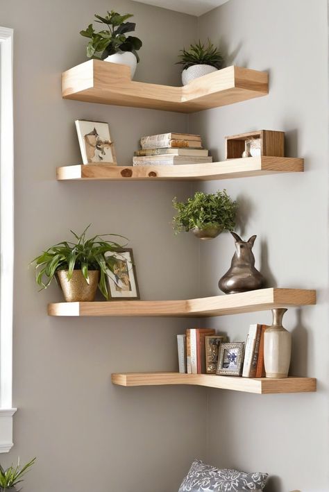 DIY project, corner shelves, stylish design, home decor Wall Corner Shelves Bedroom, Corner Shelves Decor Ideas Living Room, Corner Picture Shelves, Corner Wall Bedroom Ideas, Corner Shelves In Living Room, Office Corner Shelves, Corner Furniture Ideas Bedroom, Bedroom With Floating Shelves, Bed Shelves Ideas