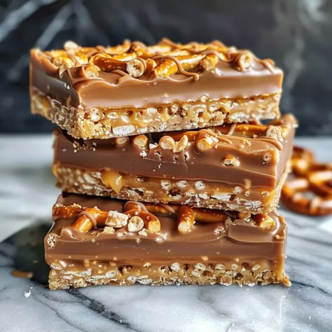 Caramel Pretzel Crack Bars Pretzel Bars Dessert, Pretzel Rod Toffee Bark, Carmel Pretzel Snack Bars, No Bake Pretzel Bars, Carmel Pretzel Chocolate Bars, Pretzel Crisps Desserts, No Bake Caramel Pretzel Cracker Bars, Pretzel Bars Recipes, No Bake Cookie Bars Easy Recipes