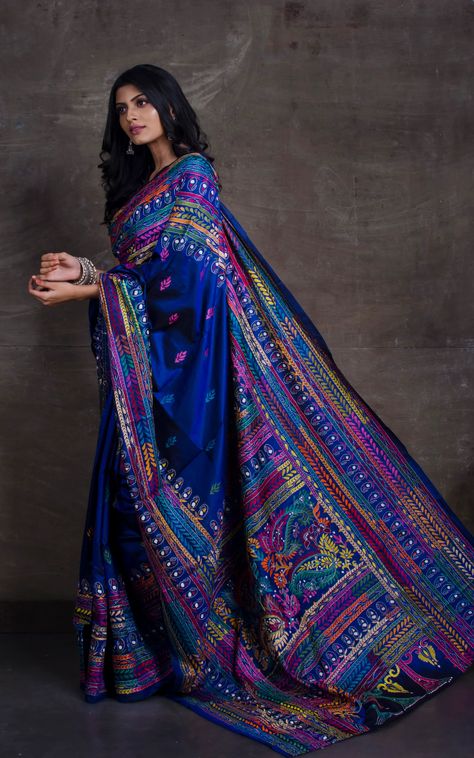 Model Silk Saree, Royal Blue Bridal Saree, Embroidered Sarees Designer, Kantha Embroidery Sarees, Kantha Saree Silk, Royal Look In Saree, Silk Saree With Dupatta, Blue Kanjivaram Saree Silk, Royal Blue Saree Look