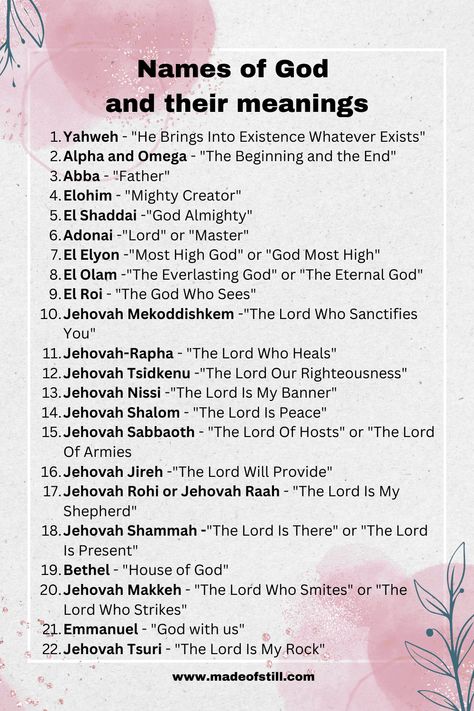 22 Amazing Names of God and Their Meaning | Hebrew Names of God - Made of Still ® Hebrew Names For God, All Of Gods Names, The Amour Of God, Gods Hebrew Names, Adoration To God, God's Names In Hebrew, Words Of Praise To God, Learn About God, Devotion Outline