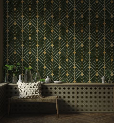 Wallpaper Art Deco, Green Art Deco, Deco Wallpaper, Art Deco Bathroom, Deco Bathroom, Temporary Wallpaper, Art Deco Wallpaper, Wallpaper Peel And Stick, Wallpaper Art