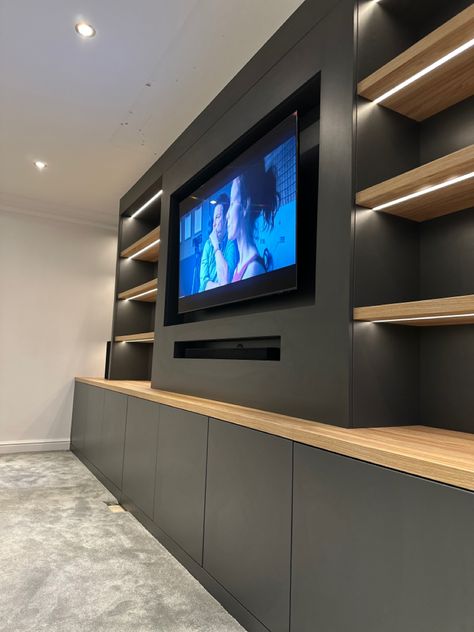 A massive transformation of the living room. Made to measure media walls by DEVIN Furniture LTD Wall With Fireplace, Tv Wall Design Luxury, Media Wall Unit, Wall Unit Designs, Feature Wall Living Room, Media Room Design, Luxe Living Room, Living Room Wall Units, Living Room Built Ins