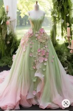 Pink And Green Gown, Pink And Green Dresses, Flower Dress Design, Pink And Green Dress, Green Wedding Dresses, Fantasy Princess, Fantasy Dresses, Family Tradition, Fantasy Gowns