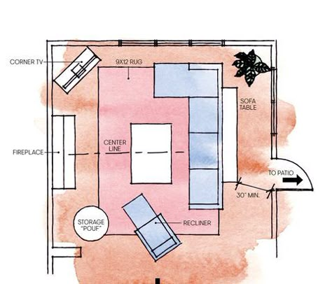 Long Living Room Layout, Sectional Living Room Layout, Long Narrow Living Room, Rectangle Living Room, Fireplaces Layout, Family Room Layout, Living Room Floor Plans, Sofa Layout, Rectangular Living Rooms