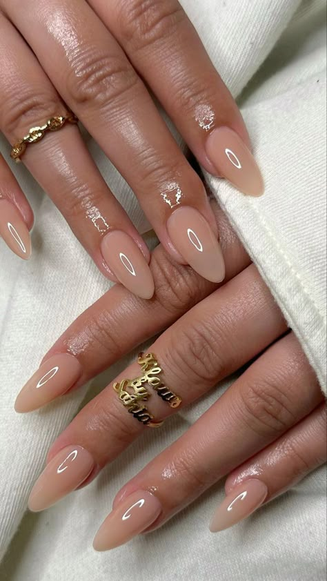 20+ Classy Nude Nail Ideas to Copy 38 Neutral Acrylics Almond, Minimalist Nails Neutral Colors, Simple Neutral Nails Acrylic, Neutral Acrylic Nails With Design, Gel Nails For Bridesmaids, Minimal Neutral Nails, Minimalist Korean Nails, Almond Tan Nails, Neutral Shiny Nails