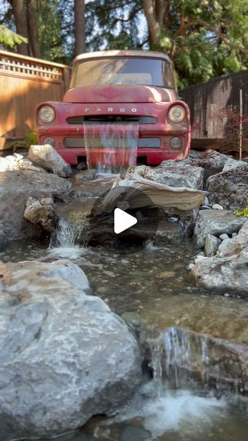 Truck Waterfall Pond, Pond Waterfall Spillway, Water Ponds Ideas Backyards, Water Falls Backyard, Truck Fountain, Truck Waterfall, Garden With Water Feature, Front Yard Fountain, Outdoor Waterfall Fountain