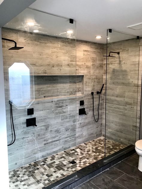 Large Shower Tile, Bathroom Concrete, Grey Bathroom Tiles, Master Bath Shower, White Bathroom Tiles, Double Shower, Master Shower, Grey Bathroom, Bathroom Redesign