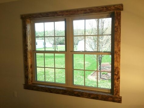 Rustic pine window casing and trim.  Distressed wood, burning  the grain and staining with vinegar and water.  Cost effective and saves money. Wood Trim Windows, Interior Window Trim Ideas, Window Trim Ideas Interior, Wood Window Trim, Window Trim Ideas, Farmhouse Window Trim, Trim Windows, Stained Wood Trim, Double Wide Remodel