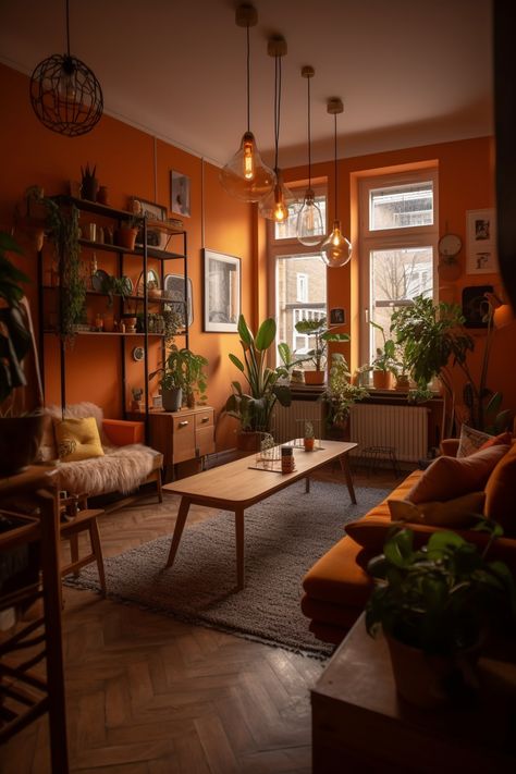 Bright Orange Living Room, Burnt Orange Apartment Decor, Latin Living Room, Honey Living Room, Orange And Green Aesthetic Living Room, 70 Living Room, Orange Living Room Aesthetic, Rustic Orange Living Room, Easy Home Makeover Ideas