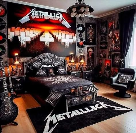 Metalhead Room Ideas, Metalhead Problems, Metalhead Room, Music Themed Bedroom, Punk Room, Music Room Design, Grunge Bedroom, Music Bedroom, Mens Bedroom Decor