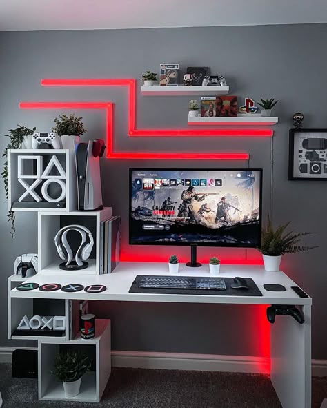 30 Best Gaming Desk Setup Ideas You Should Check Gaming Desk Setup Ideas, Small Game Room Ideas, Gaming Setup Bedroom, Cool Gaming Rooms, Small Room Setup, Desk Setup Ideas, Game Room Ideas, Games Room Inspiration, Small Game Rooms