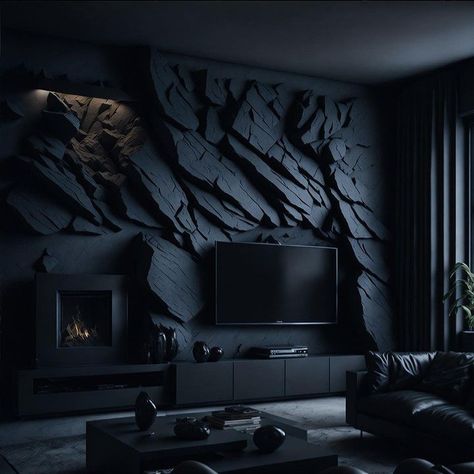 Dark House Interior, Black Luxury House, Mob Aesthetic, Masculine Office Decor, Tv Showcase, Stone Wall Design, Black Lover, Bathroom Design Layout, Aesthetic Architecture