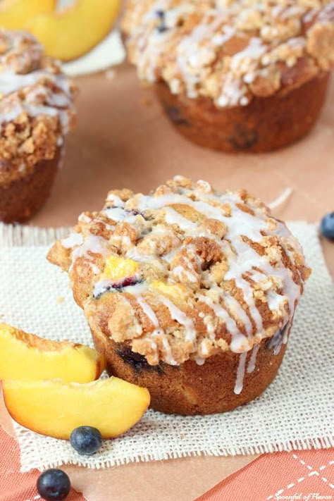 Peach And Blueberry Muffins, Peach Blueberry Bread, Peach Muffins With Crumb Topping, Blueberry Peach Muffins, Peach Cobbler Oatmeal, Carrot Coffee Cake, Blueberry Peach Cobbler, Cobbler Muffins, Fruit Breads